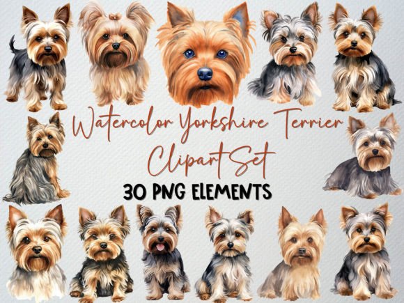 Download Watercolor Yorkshire Terrier Clipart Set - Set Collection
