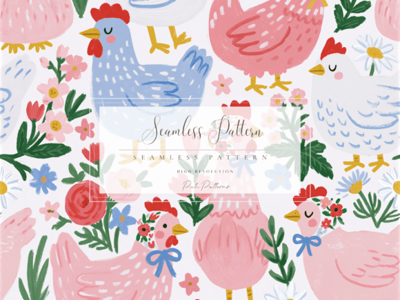 Download Whimsical Chickens Seamless Pattern PNG with Flowers - Pattern Collection
