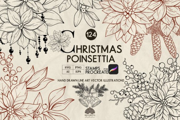 Download Christmas Poinsettia Line Drawing - Set Collection