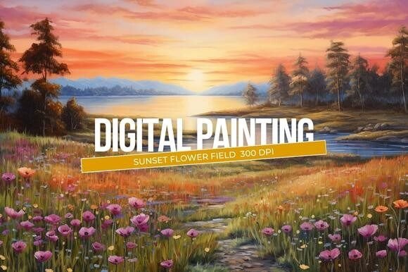 Download Sunset Flower Field Digital Painting - Set Collection